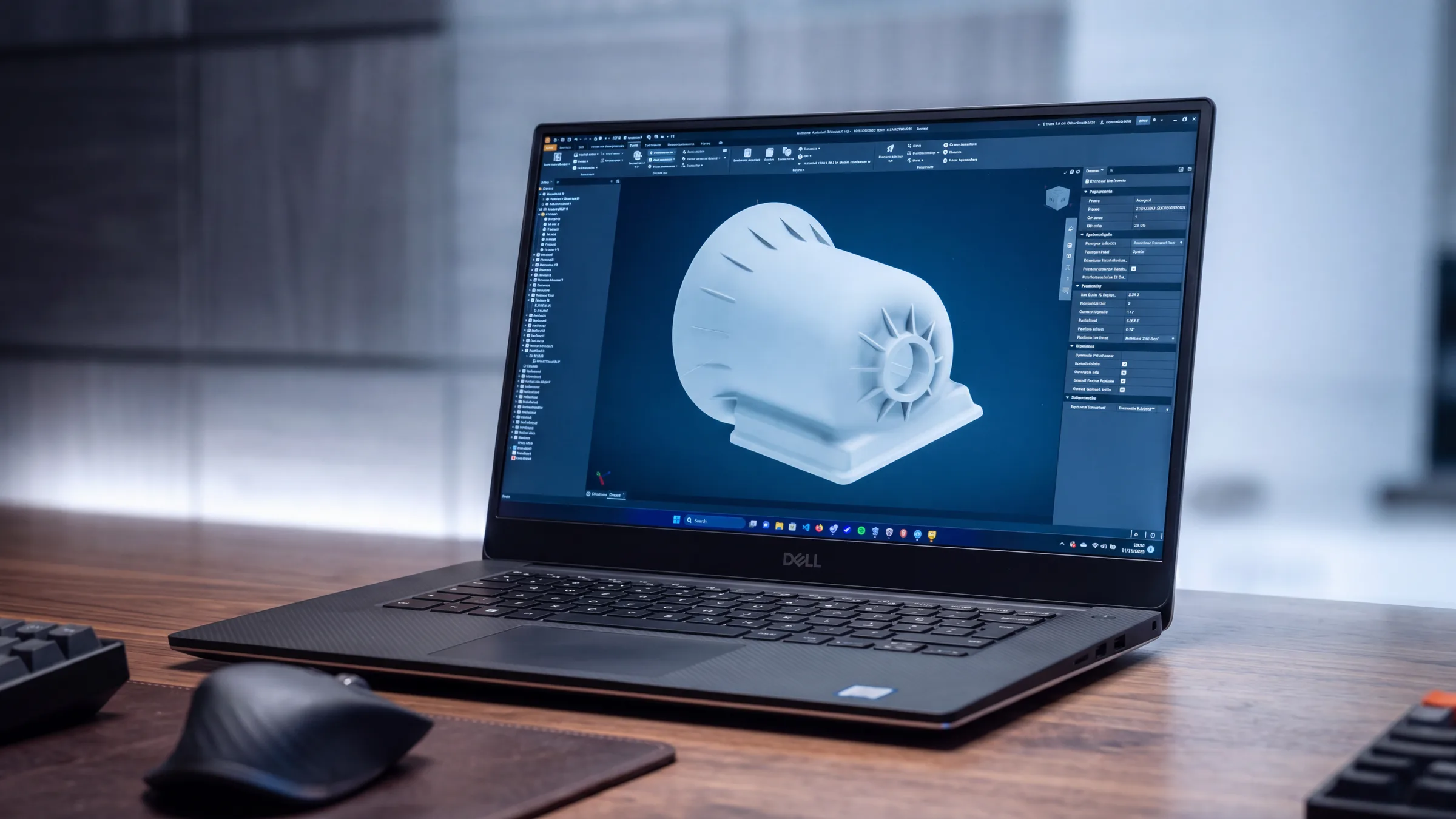 Laptop auf einem Holzschreibtisch, auf dem Bildschirm eine geöffnete CAD-Umgebung mit dem Modell eines Getriebegehäuses