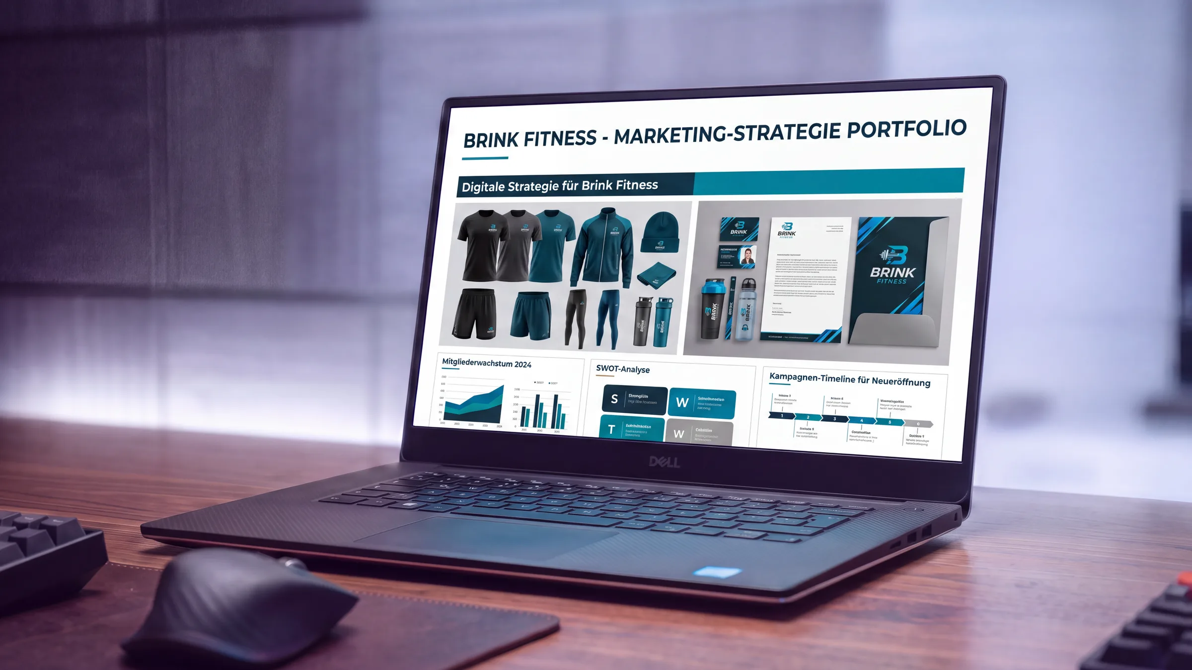 Laptop auf einem Schreibtisch, auf dem Bildschirm das Marken-Portfolio eines fiktiven Fitnessunternehmens mit Bekleidung, Drucksachen und Auswertungen