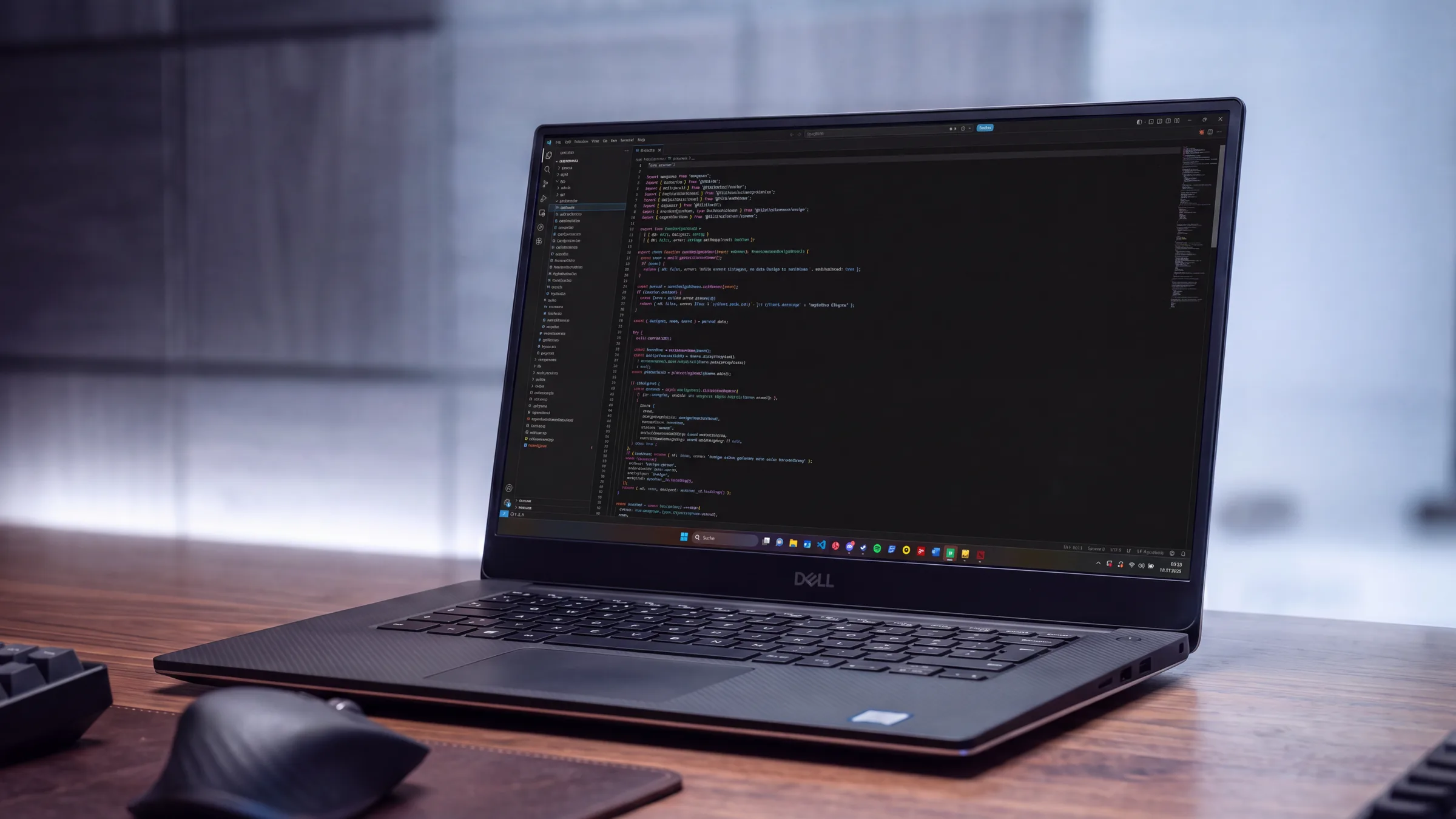 Laptop auf einem Holzschreibtisch, auf dem Bildschirm ein Code-Editor mit geöffnetem Projekt